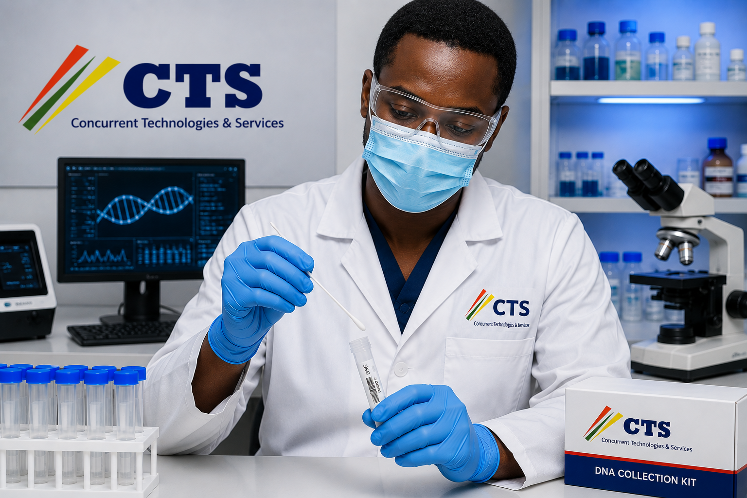 Black laboratory professional handling a cheek swab sample during the DNA testing process in Nigeria