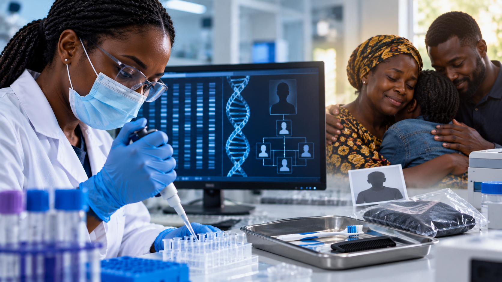 Black forensic scientist analyzing DNA samples to help identify a missing person using family reference DNA
